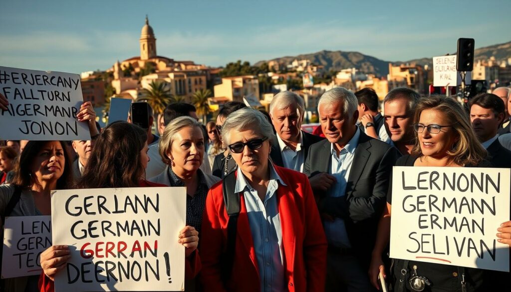 A bustling outdoor scene on the island of Mallorca, capturing the political reactions and public sentiment towards German tourists. In the foreground, a group of protesters holding signs and banners expressing their discontent, their faces etched with a mix of anger and frustration. The middle ground reveals a heated discussion between local politicians, their gestures and expressions conveying a sense of consternation and indignation. In the background, the iconic Mediterranean architecture and scenery provide a striking contrast to the charged atmosphere, hinting at the complex dynamic between the island's residents and the influx of German visitors. Dramatic lighting casts long shadows, adding to the sense of tension and unease. The overall scene captures the essence of the "Malle-Hass" (Mallorca hatred) towards German tourists and the resulting political fallout.