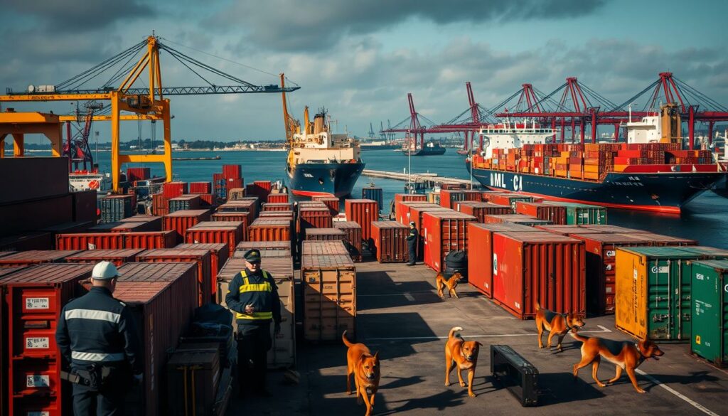 A bustling port scene in Bremerhaven or Hamburg, Germany. In the foreground, customs officials meticulously inspect shipping containers, searching for traces of illicit cargo. The air is thick with tension as sniffer dogs patrol the docks, alert for any signs of contraband. In the middle ground, cranes swing massive cargo loads, while in the background, towering ships and cargo vessels dot the horizon, their hulls concealing potential drug shipments. The lighting is harsh, casting dramatic shadows that heighten the sense of a high-stakes operation. The overall atmosphere conveys the seriousness of the task at hand - intercepting the flow of cocaine into Germany's ports.
