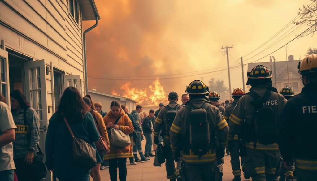 A bustling scene of Evacuation Measures for Residents unfolds. In the foreground, a group of people calmly but swiftly exit a residential building, carrying essential belongings. Midground, firefighters in protective gear direct the flow of evacuees, guiding them to safety. The background reveals a looming wall of smoke and flickering flames, creating an ominous atmosphere. Soft, diffused lighting illuminates the scene, casting long shadows and highlighting the urgency of the situation. A high-angle camera perspective emphasizes the scale of the event, capturing the organized chaos as the community comes together to ensure the well-being of its members. This image conveys the critical safety measures undertaken to protect local residents from the encroaching wildfire.