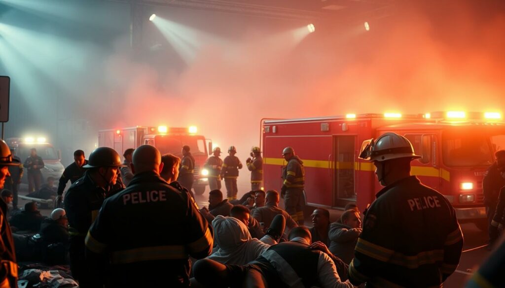 A bustling scene of emergency responders in action, captured in the aftermath of a Techno-party incident. In the foreground, paramedics tending to the injured, their faces etched with concentration as they administer first aid. In the middle ground, firefighters working swiftly to secure the area, their red trucks and flashing lights adding a sense of urgency. The background is a hazy, smoke-filled environment, with the faint sounds of sirens and the murmur of onlookers. The lighting is a mix of harsh, directional spotlights and the warm glow of emergency vehicle beacons, casting dramatic shadows and highlights across the scene. The overall mood is one of tension and chaos, yet tempered by the professionalism and dedication of the emergency responders.