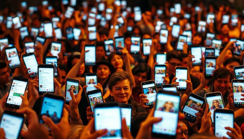 A bustling social media hub, Instagram, filled with a flurry of dynamic fan reactions to a celebrity's announcement. In the foreground, a mosaic of vibrant phone screens showcases an array of emotive comments, likes, and shares. The middle ground captures the diverse expressions of fans, ranging from excitement and concern to intrigue and support. In the background, a blurred tapestry of the platform's iconic interface, with its distinct icons and layout, sets the stage for this digital outpouring of public sentiment. Warm, soft lighting illuminates the scene, creating a sense of intimacy and immediacy, as if the viewer is immersed in the heart of this online conversation. The overall atmosphere conveys the powerful impact of a celebrity's revelation and the rippling effect it has on their devoted fan base.