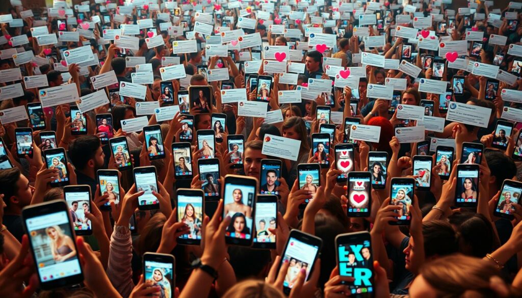 A bustling social media landscape, filled with a cacophony of reactions and sentiments. In the foreground, a sea of smartphone screens, each one displaying passionate posts, vivid emojis, and lively discussions. The middle ground captures the essence of the "Ex on the Beach" phenomenon, with snapshots of the cast members, their lives, and the drama unfolding. In the background, a vibrant collage of trending hashtags, viral memes, and cascading notifications, all contributing to the overwhelming buzz surrounding this reality TV sensation. Captured with a cinematic, wide-angle lens, the image conveys the immersive and captivating nature of the social media frenzy surrounding "Ex on the Beach Staffel 6."
