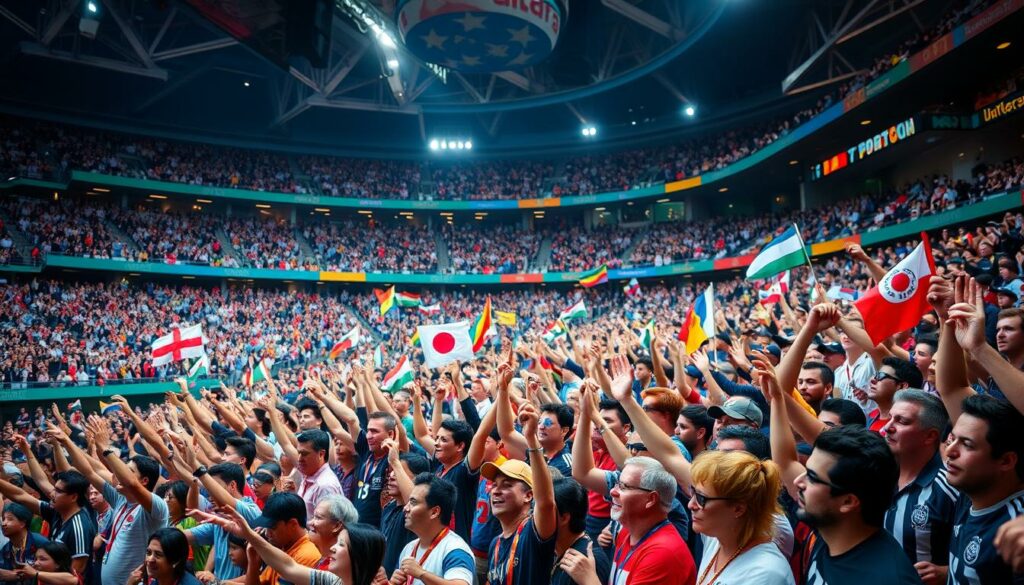 A bustling sports arena, the crowd erupting in a cacophony of cheers and chants. In the foreground, fans from diverse cultural backgrounds engage in animated gestures and interactions, their expressions and body language highlighting the unique energy and passion they bring to the event. The middle ground captures the vibrant atmosphere, with spectators waving flags, wearing team colors, and immersing themselves in the shared experience. In the background, the architectural details of the stadium create a visually striking and immersive setting, hinting at the global reach and significance of the sporting event. The overall scene conveys the rich tapestry of cultural differences that converge and coalesce within the shared excitement of the moment.