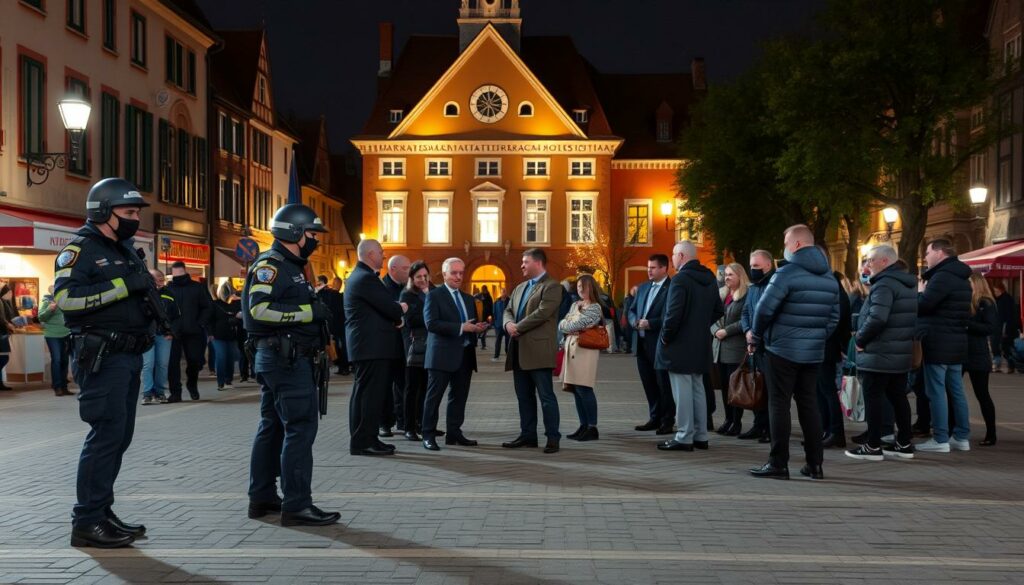 A bustling town square in Harsefeld, with local authorities overseeing security measures. In the foreground, police officers patrol the area, keeping a watchful eye on the gathered crowd. In the middle ground, city officials confer, discussing plans to address the reported gang activity. In the background, the town hall stands tall, its facade illuminated by warm, golden lighting, conveying a sense of civic responsibility. The scene is captured through a wide-angle lens, emphasizing the scale of the local government's response to the community's concerns. The overall atmosphere is one of seriousness and determination, as the authorities strive to maintain order and safety in the small town.