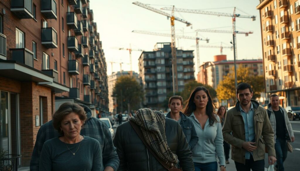 A bustling urban street in Germany, with towering apartment buildings lining the sidewalks. The foreground features a family standing outside their modest home, expressions of concern and frustration as they grapple with the rising cost of rent. In the middle ground, a group of young professionals hurry past, their faces etched with worry. The background is dominated by cranes and construction sites, symbolizing the relentless gentrification and development that are driving up housing prices. The scene is bathed in a warm, golden light, evoking a sense of unease and financial strain. The overall atmosphere conveys the growing burden of skyrocketing rental costs on the German populace.
