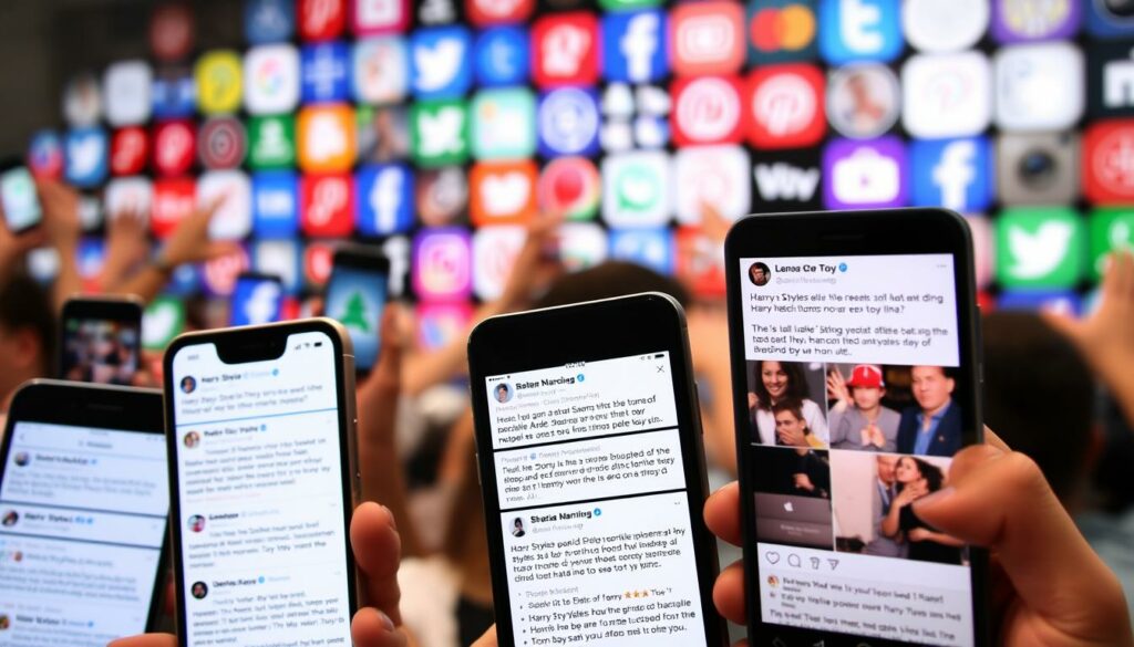 A busy social media feed with a variety of fan reactions to the news of Harry Styles launching a sex toy line. In the foreground, a close-up view of several smartphone screens displaying a mix of excited, confused, and disapproving comments and memes. The middle ground features a collage of various social media app icons and logos, reflecting the widespread online discourse. The background is blurred and out of focus, creating a sense of digital noise and activity. The lighting is bright and slightly harsh, evoking the immediacy and intensity of social media interactions. The overall tone is one of lively, unfiltered fan engagement and commentary. A busy social media feed with a variety of fan reactions to the news of Harry Styles launching a sex toy line. In the foreground, a close-up view of several smartphone screens displaying a mix of excited, confused, and disapproving comments and memes. The middle ground features a collage of various social media app icons and logos, reflecting the widespread online discourse. The background is blurred and out of focus, creating a sense of digital noise and activity. The lighting is bright and slightly harsh, evoking the immediacy and intensity of social media interactions. The overall tone is one of lively, unfiltered fan engagement and commentary.