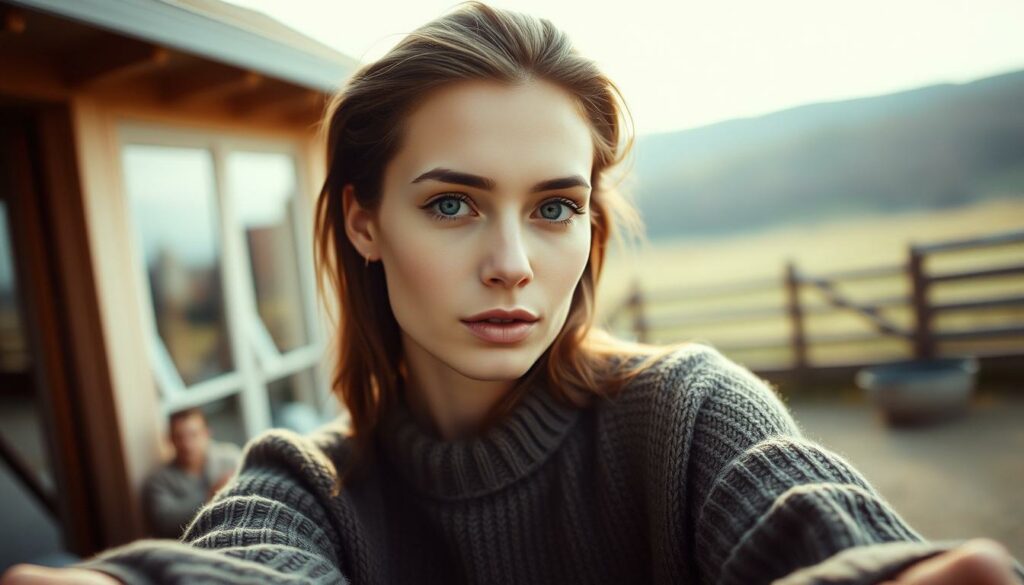 A candid social media snapshot of Lena Meyer-Landrut, captured with a vintage-inspired lens. In the foreground, Lena's face fills the frame, her expression thoughtful and serene. The middle ground showcases her casual, off-duty attire - a cozy oversized sweater, hair swept back, minimal makeup. The background blurs softly, hinting at a private, secluded setting - perhaps a tranquil corner of her home or a serene outdoor locale. The lighting is warm and diffused, casting a gentle glow that evokes a sense of introspection and quiet contemplation. The overall tone is introspective, conveying a moment of personal retreat from the public eye.