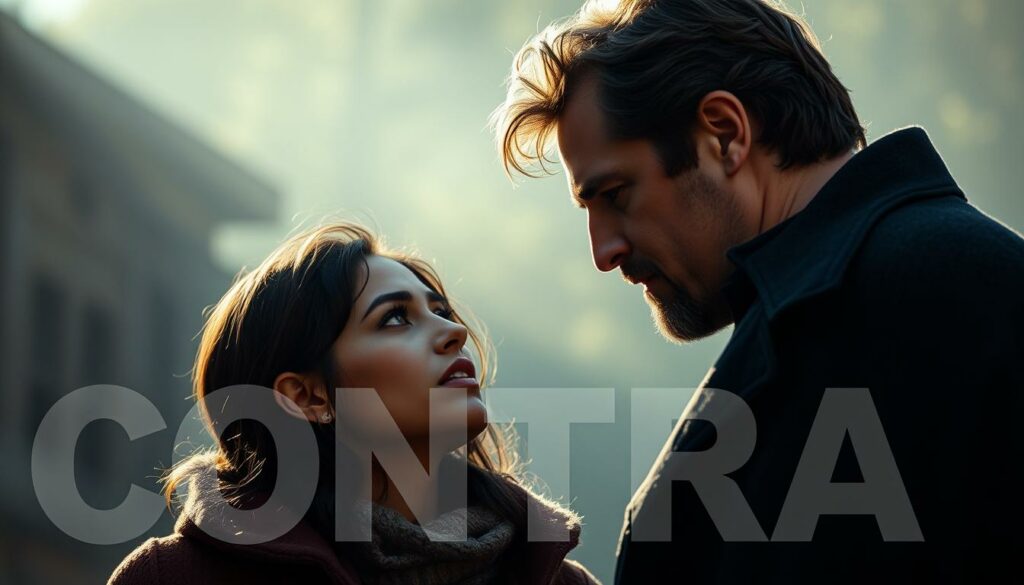 A captivating scene of actors Nilam Farooq and Christoph Maria Herbst in the German tragicomedy film "CONTRA". The two lead performers are captured in a cinematic, natural lighting setup, standing close together and exchanging an intense, dramatic gaze. Their expressions convey a range of emotions - conflict, vulnerability, and a subtle, understated chemistry. The frame is composed to highlight the actors' faces and upper bodies, with a slightly blurred, atmospheric background that suggests the film's setting. The overall mood is one of cinematic sophistication, anchored by the commanding presence of the two talented thespians at the heart of this acclaimed Netflix production.