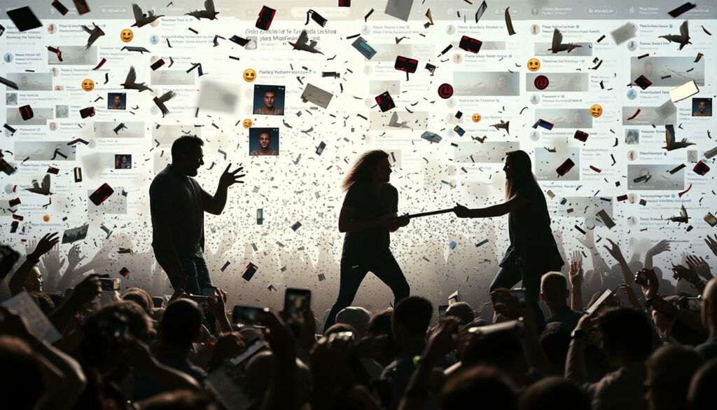 A chaotic swirl of digital debris, a tempest of rage and indignation, engulfs a social media platform. In the foreground, a torrent of accusatory comments, angry emojis, and scathing hashtags surge across the screen, casting a harsh, polarizing light. In the middle ground, silhouetted figures, representing the band and their critics, engage in a heated digital exchange, their avatars caught in a tug-of-war. The background is a hazy, distorted landscape of overlapping newsfeeds, algorithms, and trending topics, creating an overwhelming sense of digital overwhelm. The overall atmosphere is one of intense, unrelenting conflict, reflecting the "Shitstorm soziale Medien" that has erupted around the band's controversial actions.