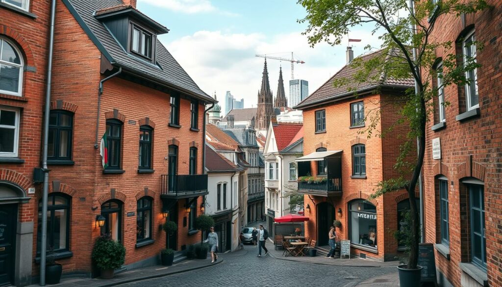 A charming three-story townhouse nestled on a quaint cobblestone street in the heart of Berlin. The facade features a warm, earthy-toned brick exterior with intricate architectural details, inviting arched windows, and a picturesque rooftop garden. The middle floor balcony overlooks a lively street scene, with people strolling by and a cozy cafe on the corner. Soft, diffused light filters through the windows, creating a cozy and welcoming ambiance. In the background, the iconic Berlin skyline with its distinctive church spires and modern high-rises can be seen, hinting at the perfect blend of old and new that the city is known for. This tranquil oasis in the bustling metropolis radiates a sense of warmth, comfort and new beginnings.