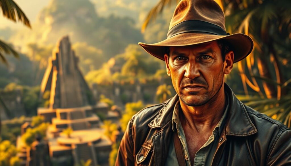 A cinematic blockbuster icon strikes a heroic pose against a sweeping backdrop of ancient ruins and lush jungle foliage. Indiana Jones, clad in his signature fedora and leather jacket, stands resolute, his weathered face etched with determination. Warm, golden light filters through the canopy, casting dramatic shadows that accentuate the rugged features of this legendary adventurer. The scene evokes a sense of thrilling exploration and the pursuit of lost treasures, capturing the essence of the iconic Indiana Jones franchise. The composition is balanced, with the foreground figure commanding attention, while the middle and background layers add depth and context to the overall image.