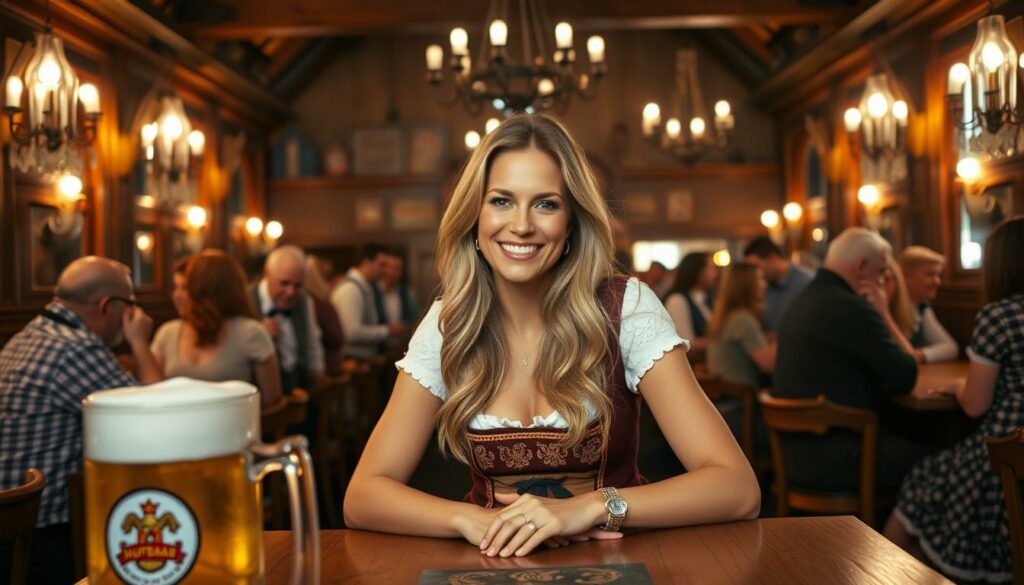 A classic Bavarian beer hall scene set in the iconic Münchner Hofbräuhaus, with German supermodel Heidi Klum as the central figure. In the dimly lit, wood-paneled interior, Klum is seated at a long table, dressed in a traditional dirndl dress, her golden hair and radiant smile drawing all eyes towards her. In the foreground, a frothy stein of Hofbräu beer rests on the table, while in the middle ground, patrons in lederhosen and dirndls converse animatedly. The background is filled with the warm glow of hanging chandeliers and the faint sounds of lively Bavarian music. The scene conveys a sense of conviviality, tradition, and Klum's personal connection to the iconic Munich institution.