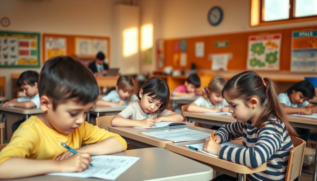 A classroom setting with young children taking a standardized language test. In the foreground, several students sit at small desks, their faces focused as they fill out written assessments. The midground features a teacher's desk and other classroom furnishings, creating a sense of structured learning environment. The background depicts colorful educational posters and diagrams on the walls, suggesting the academic nature of the scene. Warm, natural lighting filters in through large windows, casting a soft glow over the proceedings. The overall atmosphere conveys a sense of assessment and evaluation, with the children's expressions indicating their concentration on the task at hand.