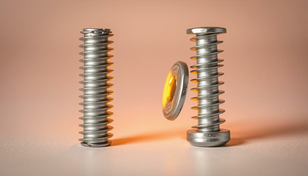 A close-up comparison of stainless steel and galvanized screws against a neutral background. The screws are arranged side-by-side, highlighting their distinct metallic finishes and textures. Warm studio lighting casts subtle shadows, emphasizing the dimensional qualities of the fasteners. The depth of field is shallow, keeping the screws in sharp focus while blurring the background. The composition is balanced and centered, allowing the viewer to closely examine the material differences between the two screw types. An minimalist, informative illustration suitable for a technical article on roof batten installation.