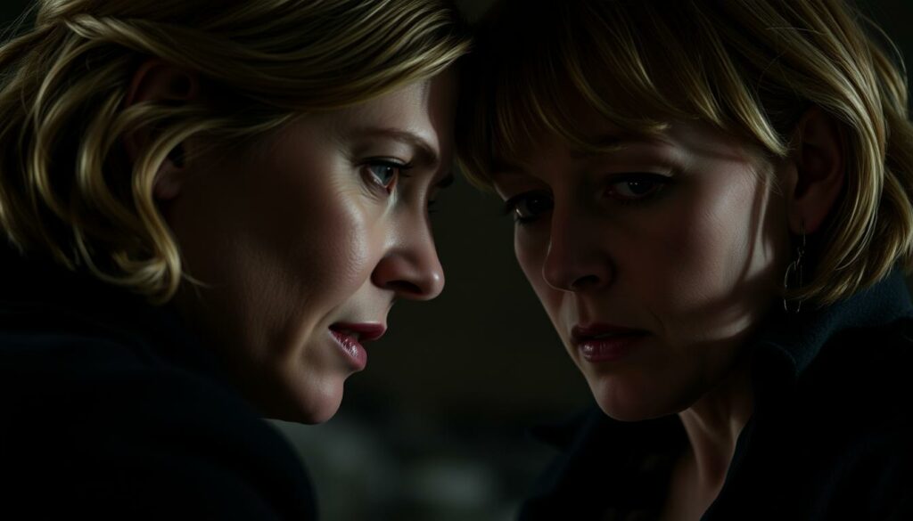 A close-up of Cate Blanchett and Lena Brandt, their faces locked in an intense, emotive exchange. Blanchett's piercing gaze and Brandt's guarded expression convey the complex character dynamics and power struggle between their roles. Dramatic low-key lighting casts dramatic shadows, heightening the tension. The scene is framed with a shallow depth of field, drawing the viewer's focus to the compelling performances at the heart of the frame. The overall mood is one of brooding introspection, reflecting the melancholic and morally ambiguous tone of "The Good German."