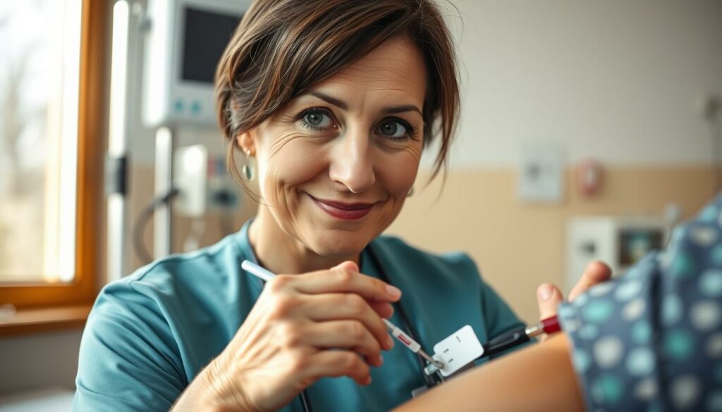 A close-up portrait of Annika Kärsten-Hoenig, a middle-aged woman with kind eyes and a warm expression, gently drawing blood from the arm of a patient in a clinical setting. The scene is bathed in soft, natural lighting, with a blurred medical equipment and hospital-like background providing context. Annika's movements are gentle and reassuring, conveying her experience and compassion as a healthcare professional. The image captures the nurturing and supportive role Annika plays in the life of her family, particularly during times of need and crisis.