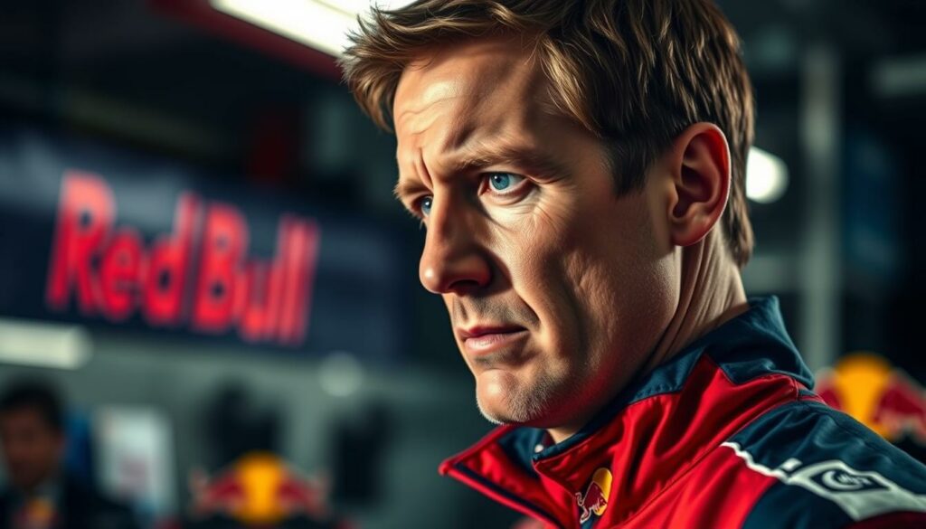 A close-up portrait of Christian Horner, the Teamchef of Red Bull Racing, set against a blurred background of the Red Bull Racing garage. Horner is wearing his signature red and blue team uniform, his face exuding a focused, determined expression as he intently surveys the racing activities around him. Dramatic lighting casts shadows that accentuate the contours of his face, lending an air of intensity and authority. The image conveys Horner's pivotal role in guiding the success of the Red Bull Racing team, capturing the essence of his leadership and strategic vision.