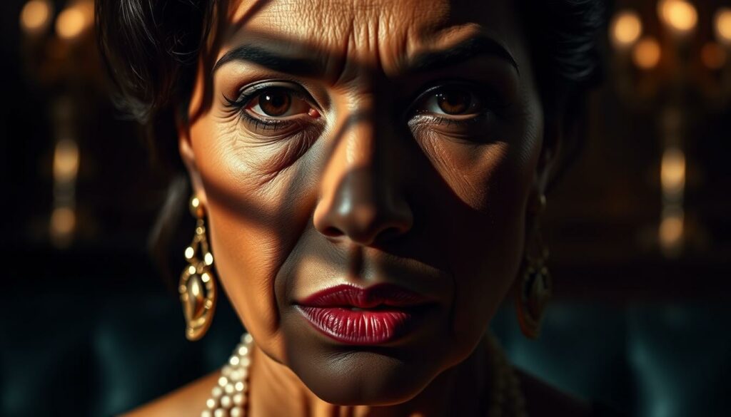 A close-up portrait of Funda Vanroy, her brow furrowed and lips pursed, conveying a serious, contemplative expression. Dramatic shadows cast across her face, creating a moody, chiaroscuro effect. The background is blurred, with hints of an opulent, luxurious setting hinting at the scandals and controversies surrounding her. Crisp, high-resolution details bring out the nuances of her makeup and facial features, lending an air of intensity and drama to the scene.