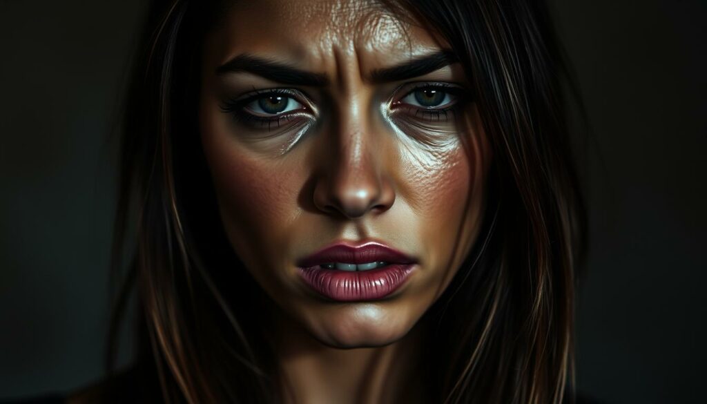 A close-up portrait of Nicole Scherzinger, her face etched with pain and anguish. Sunken cheeks, hollow eyes, and a haunted expression convey the emotional turmoil of her past struggle with bulimia. The lighting is moody and dramatic, casting deep shadows that accentuate the severity of her features. The background is blurred, keeping the focus solely on her face and the raw vulnerability it conveys. The image exudes a sense of introspection and resilience, hinting at the personal journey she has endured.
