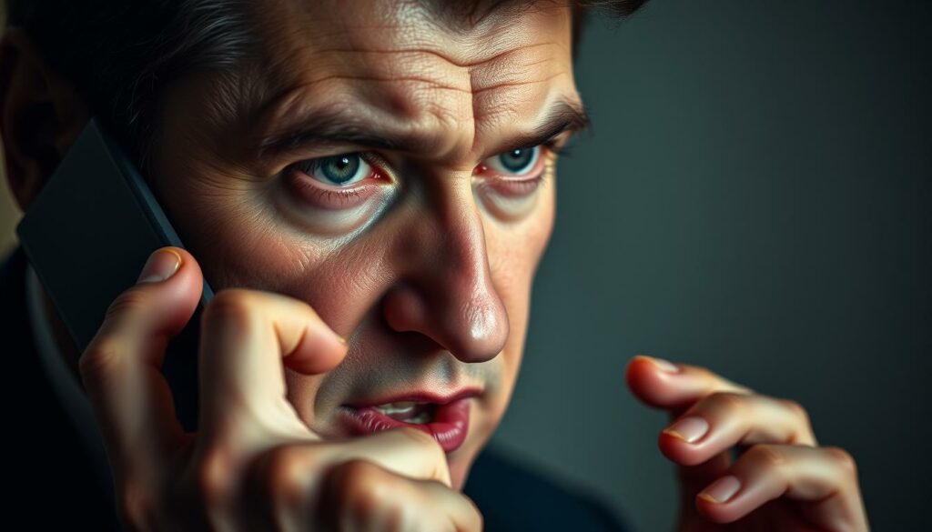 A close-up portrait of Ukrainian President Volodymyr Zelenskyy during a tense telephone conversation. His brow is furrowed, his expression intense, as he gesticulates passionately while speaking into a sleek, modern smartphone. The lighting is dramatic, casting shadows across his determined features. The background is softly blurred, drawing the viewer's focus to Zelenskyy's captivating gaze and the gravity of the moment. The overall tone is one of solemn determination, capturing the weight of the leader's responsibilities and the high-stakes nature of the call.