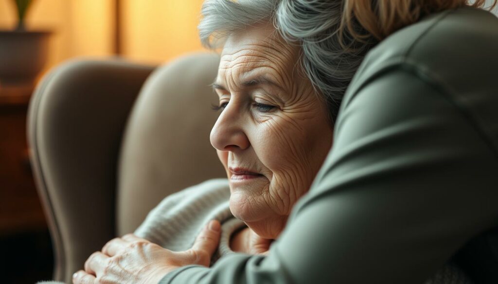 A close-up portrait of a cancer patient receiving emotional support, their face filled with a mix of vulnerability and gratitude. The patient is seated in a comfortable chair, surrounded by a warm, soothing environment. Soft lighting casts a gentle glow, highlighting the patient's features and the compassionate presence of a caregiver offering a comforting embrace. The scene conveys a sense of empathy, understanding, and the profound emotional challenges faced during the cancer journey, yet also the power of human connection to provide solace and strength.