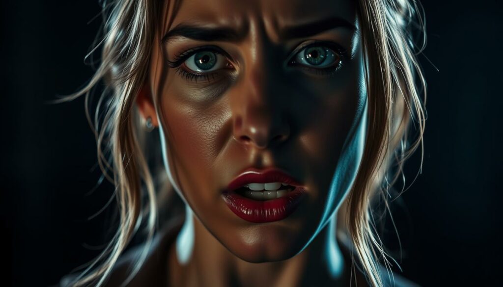 A close-up portrait of a female actor, her face conveying a range of emotions - from soaring triumph to anguished despair. Dramatic lighting casts deep shadows, creating an intense, cinematic atmosphere. The background is blurred, placing the focus entirely on the subject's expressive features. The lens captures the actor's performance with a sense of intimacy and raw vulnerability, mirroring the "Höhen und Tiefen" (highs and lows) of her storied career. The image exudes a sense of poignancy and introspection, evoking the complex, rollercoaster journey of a dedicated thespian.
