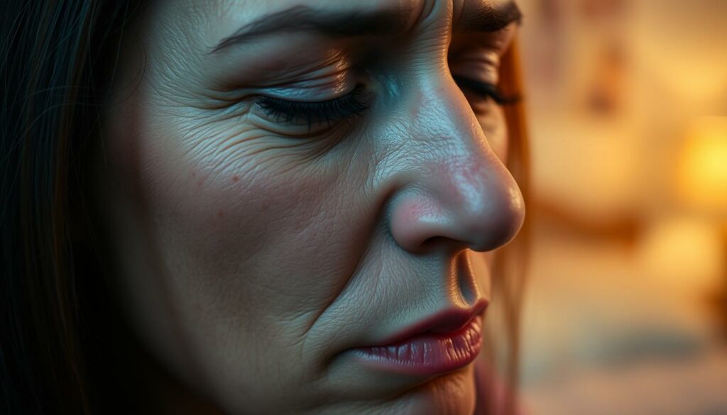 A close-up portrait of a woman's face, eyes closed, with a pained expression. Her skin is flushed, and she appears to be under great emotional stress. The lighting is soft and warm, creating a sense of intimacy and vulnerability. The background is blurred, but hints at a private, domestic setting, suggesting the personal nature of her struggle. The lens is set to a shallow depth of field, drawing the viewer's focus directly to the woman's face and the intensity of her experience. The overall mood is one of exhaustion, anxiety, and the weight of an overwhelming burden.
