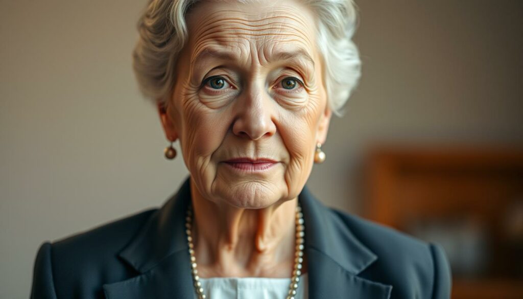 A close-up portrait of an elderly woman dressed in formal attire, her face etched with years of dedicated service. She stands confidently, her gaze steady and her posture upright, symbolizing the resilience and longevity of her career. Soft, warm lighting illuminates her features, casting a gentle glow that evokes a sense of wisdom and experience. The background is subtly blurred, placing the focus entirely on this individual's remarkable journey as a long-term insured person, a testament to the unique provisions in the German pension system.