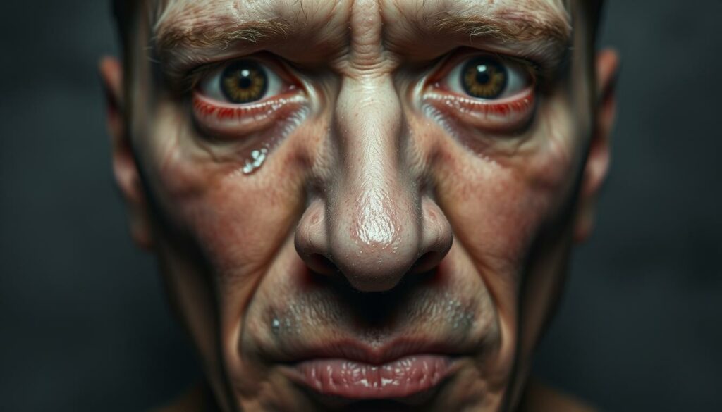 A close-up shot of a person's face, eyes bloodshot and nostrils flared, conveying the telltale signs of cocaine use. The skin appears pale and clammy, with a sheen of perspiration. The expression is tense, bordering on manic, with a sense of unease and agitation. The background is hazy and out of focus, creating a sense of disorientation and detachment from reality. The lighting is harsh and unflattering, casting dramatic shadows and highlights that accentuate the physical manifestations of the drug's effects. The overall atmosphere is one of unease and concern, intended to illustrate the visible impacts of cocaine consumption.