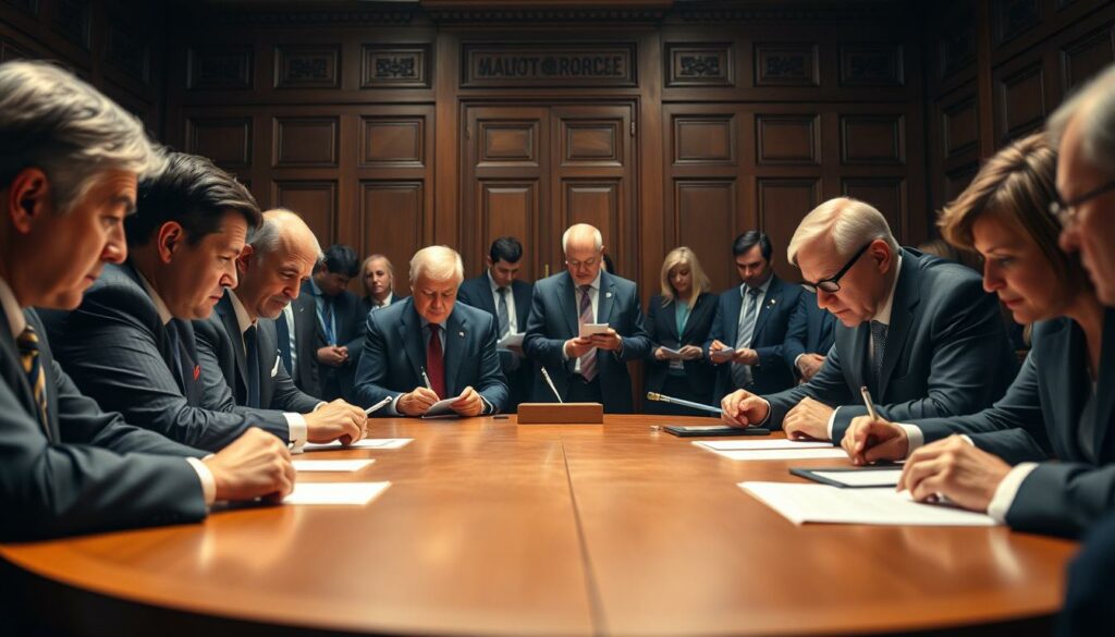 A close-up shot of the German federal government's reaction, capturing the intense deliberation and weighty decision-making process. In the foreground, a circular conference table with senior officials leaning in, brows furrowed in concentration. Warm, focused lighting illuminates their faces, conveying a sense of gravity and urgency. In the middle ground, aides and advisors stand attentively, taking notes and reviewing documents. The background is a dimly lit, wood-paneled room, evoking the historic significance and institutional authority of the German government. An atmosphere of seriousness and determination permeates the scene, reflecting the importance of the issue at hand.