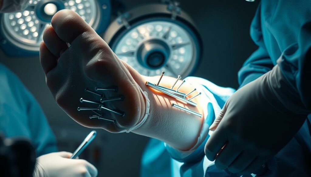 A close-up view of a complex medical procedure, showcasing the intricate details of a leg lengthening surgery. The subject's leg is elevated, exposing the surgical site where metal rods and pins are being carefully adjusted by a team of skilled surgeons. The bright surgical lights illuminate the scene, casting sharp shadows and highlighting the precision of the delicate operation. The mood is one of intense focus and concentration, as the medical professionals work to meticulously extend the patient's leg, a process that will require weeks of recovery and rehabilitation. The image conveys the significant physical and emotional toll of this transformative procedure.