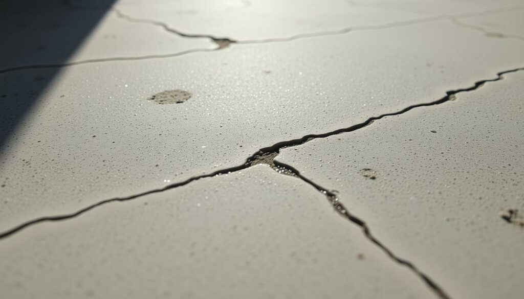 A close-up view of a freshly poured concrete slab, showcasing its self-healing properties. The surface is smooth and slightly reflective, capturing the play of natural light. Embedded within the concrete are tiny capsules or microfibres that contain a specialized healing agent, ready to seal any cracks or fractures that may develop over time. The overall tone is subdued and muted, with a focus on the materiality and subtle details that highlight the innovative nature of this sustainable concrete. The composition emphasizes the solidity and durability of the material, while hinting at its underlying restorative capabilities.