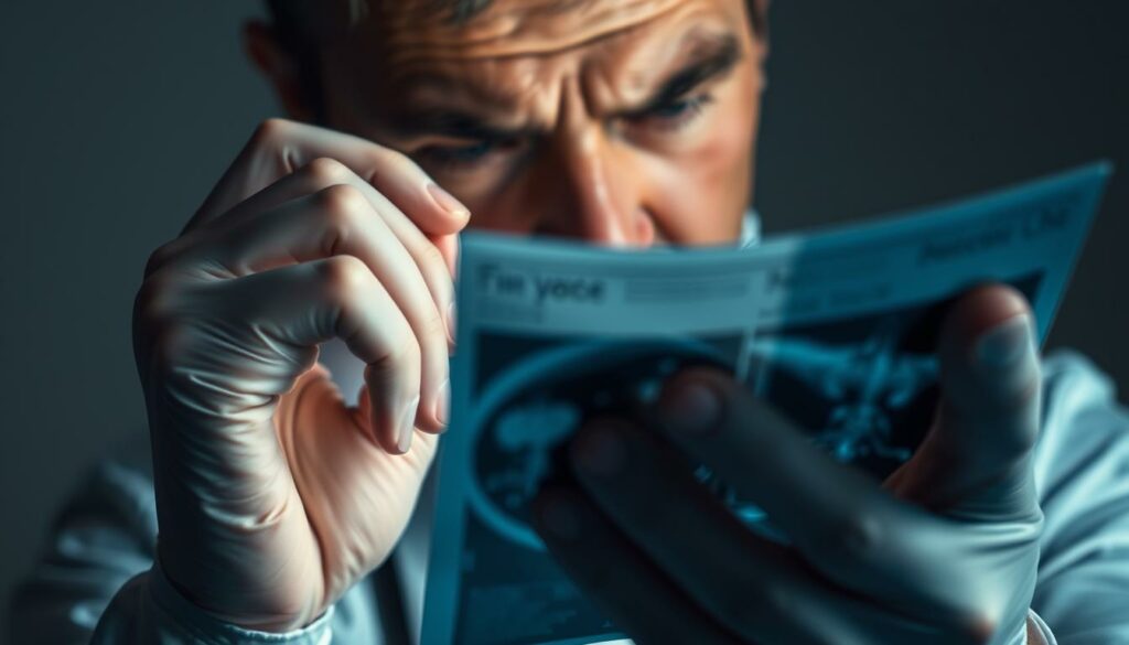 A close-up view of a medical professional's hands carefully examining a diagnostic scan, their brow furrowed in concentration. The scan's details are obscured, hinting at the complexities and uncertainties of the cancer treatment process. The background is muted, drawing the viewer's focus to the hands and the scan, symbolizing the intense focus required to tackle this medical challenge. Subtle shadows and highlights accentuate the texture of the hands and the scan, creating a sense of depth and tangibility. The overall mood is one of thoughtful contemplation, conveying the gravity and difficulty of the situation.