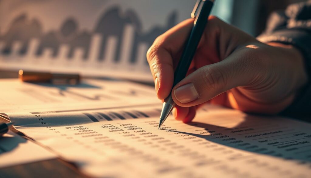 A close-up view of a person's hand holding a pen, carefully marking numbers and calculations on a financial document. The document's surface is slightly worn, reflecting the weight of past decisions. Warm lighting casts soft shadows, emphasizing the concentration and precision of the task at hand. In the background, blurred shapes of financial charts and graphs suggest the broader context of the Bonität Zinsgestaltung process. The overall mood is one of thoughtful deliberation, where each number and line holds the potential to impact financial outcomes.