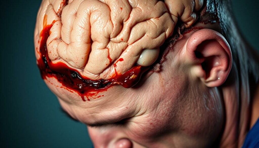 A close-up view of a runner's head, displaying a severe traumatic brain injury. The skin is torn, revealing the underlying damaged brain tissue, with blood and cerebral spinal fluid seeping out. The lighting is harsh and clinical, casting stark shadows that accentuate the gruesome details. The background is blurred, suggesting a medical or emergency setting. The overall tone is one of somber realism, conveying the gravity and consequences of such a catastrophic injury sustained during a running event.
