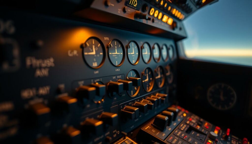 A close-up view of an aircraft cockpit instrument panel, showcasing the intricate array of switches and dials responsible for controlling the engine thrust. The panel is meticulously detailed, with each switch and indicator clearly visible under the warm, evenly distributed lighting. The scene conveys a sense of technical precision and importance, as if the viewer is about to embark on a critical examination of the components. The background is subdued, allowing the primary focus to remain on the complex array of controls, hinting at the crucial role they play in the safe operation of the aircraft.