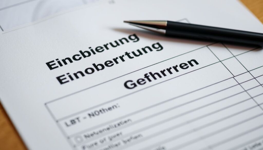 A close-up view of an official document labeled "Einbürgerung Gebühren", with a stack of Euro banknotes and a pen placed on top of it, illuminated by soft, diffused lighting. The document appears to be a form or ledger, with various fields and sections that detail the costs and fees associated with the naturalization process. The background is slightly blurred, creating a sense of focus on the financial aspects of citizenship acquisition. The overall mood is one of bureaucratic efficiency and attention to detail, reflecting the systematic nature of the naturalization procedure.