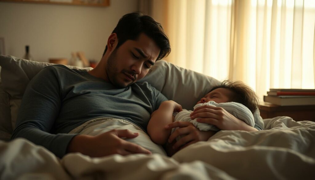 A couple lying exhausted in bed, the mother cradling a newborn baby while the father sits beside her, head in hands. Soft morning light filters through sheer curtains, casting a warm glow. Subtle hints of strain and stress on their faces, the weight of new parental responsibilities visible. The background is muted, with blurred household items and a sense of intimacy, conveying the private, introspective nature of their situation. Cinematic in style, with a focus on emotion and atmosphere rather than sharp detail. Lighting is balanced, neither too bright nor too dark, enhancing the pensive, contemplative mood.