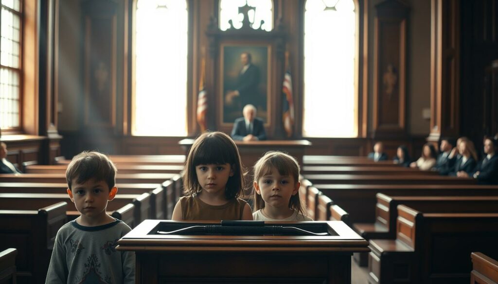 A courtroom interior with natural lighting streaming through large windows, capturing the gravity and solemnity of the proceedings. In the foreground, a wooden witness stand where two young children, their expressions a mix of apprehension and determination, stand to deliver their testimonies. The judge's bench looms in the middle ground, the magistrate's face shrouded in contemplation. In the background, rows of oak pews filled with onlookers, their faces obscured, creating a sense of hushed anticipation. The overall mood is one of weight and significance, as the children's words become the central focus of this pivotal legal case.