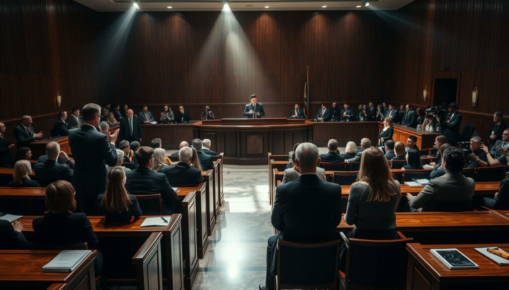 A courtroom scene set in the headquarters of the Federal Prosecutor's Office. Dramatic lighting casts long shadows across the wooden benches and polished marble floors. Lawyers in crisp suits stand at the pulpit, gesturing emphatically as they deliver impassioned arguments. The defendant, Nele and Emilie, sit with a tense, apprehensive air, surrounded by an audience of journalists and spectators observing the proceedings with rapt attention. The mood is charged with a sense of gravity and high stakes, reflecting the gravity of the accusations against the young women. A wide, imposing judge's bench dominates the center, presiding over the tense proceedings with an air of solemn authority.