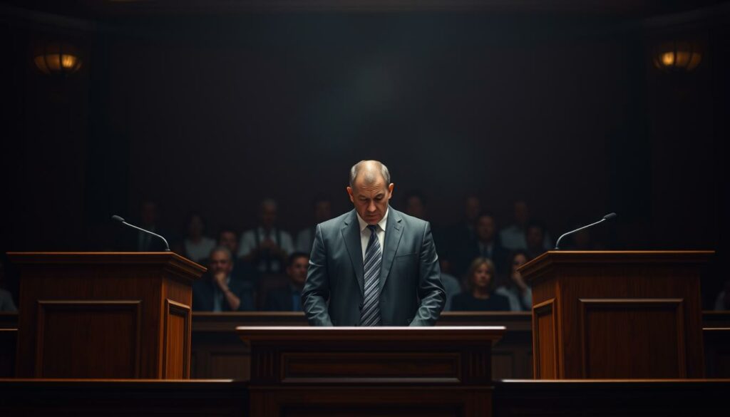 A courtroom scene with a judge's bench in the foreground, flanked by two lawyers standing at podiums. The defendant, a somber-faced man in a suit, stands in the center, head bowed. Overhead, a dim, moody lighting casts dramatic shadows, creating a tense, serious atmosphere. The background is blurred, with faint outlines of spectators in the gallery. The composition is balanced, with a sense of formality and gravity befitting the solemnity of the occasion - the sentencing of a man accused of a heinous crime. The overall mood is one of solemn judgment and consequences.