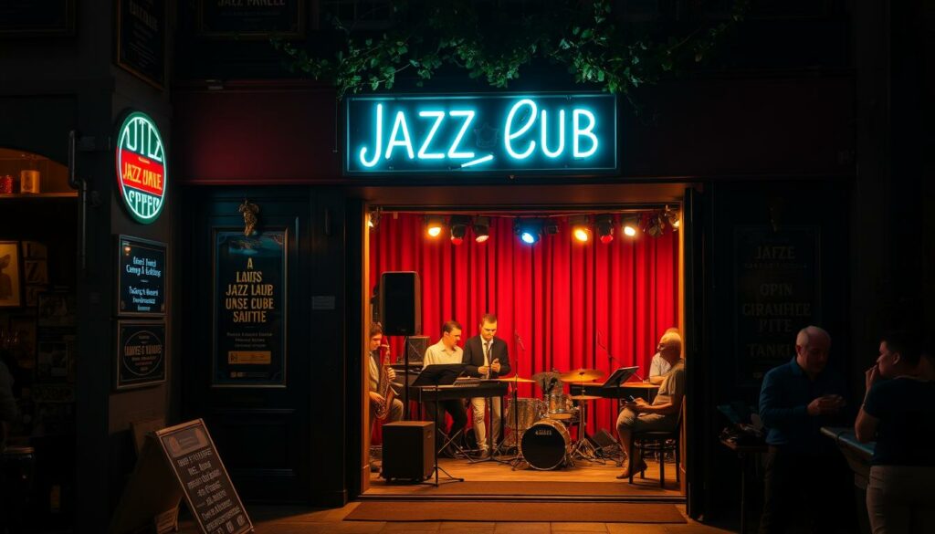 A cozy, dimly-lit jazz club in the heart of Munich, Germany. The exterior features a classic façade with neon signs and vintage decor, inviting patrons to step inside and experience the rich musical heritage of the city. Through the entryway, glimpse the warm glow of stage lighting illuminating a small, intimate performance space where talented jazz musicians captivate audiences. The air is thick with the soulful melodies of saxophones, the rhythmic pulse of drums, and the smooth, mellow tones of a grand piano. Patrons sip on craft cocktails and converse in hushed tones, immersed in the elegant, sophisticated ambiance of this beloved local institution.