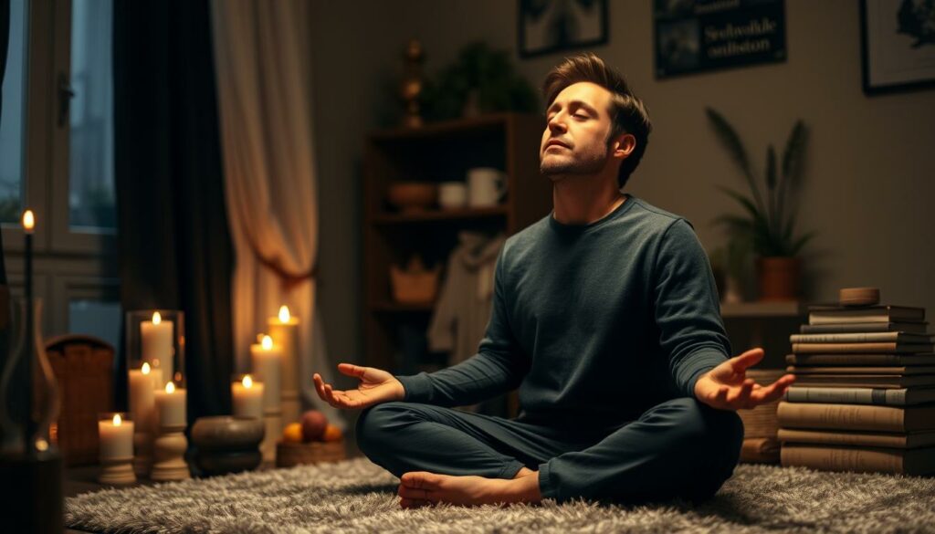 A cozy, dimly lit room where Simon Helberg, the actor known for playing Howard Wolowitz on "The Big Bang Theory," is engaged in a calming ritual to alleviate stress. The foreground features Helberg seated cross-legged on a plush rug, his eyes closed in deep meditation, his expression serene. The middle ground showcases various elements that may have been part of his ritual, such as scented candles, a small bowl of incense, and a stack of well-worn books on relaxation techniques. The background is softly blurred, hinting at the tranquil atmosphere of the space, perhaps with subtle natural lighting filtering in through a window. The overall mood is one of introspection, mindfulness, and the pursuit of inner peace, reflecting the section title "Ein Ventil für Nervosität: Wie das Ritual Helberg half."