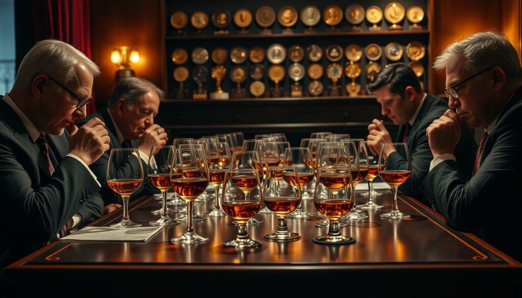 A cozy, dimly lit room with a mahogany table, upon which sits an array of crystal glassware filled with various shades of amber whisky. A group of distinguished-looking individuals, dressed in formal attire, swirl and sniff the contents of their glasses, deep in contemplation. Soft, warm lighting casts subtle shadows, creating an air of refinement and sophistication. In the background, a wall-mounted display showcases an array of gold and silver awards, hinting at the prestigious nature of this whisky tasting session. The scene conveys a sense of expertise, connoisseurship, and the reverence with which this prized spirit is being evaluated.