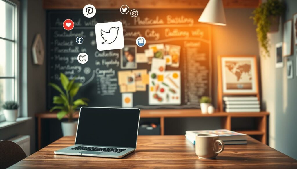 A cozy small business office with a laptop, smartphone, and social media icons hovering above, bathed in warm, natural lighting. In the background, a chalkboard wall showcases handwritten notes and a vibrant mood board. In the foreground, a stylish, minimalist desk with a potted plant and a mug of coffee. The scene conveys a sense of productivity, creativity, and the potential of social media marketing for food products, tailored for the needs of a small enterprise.