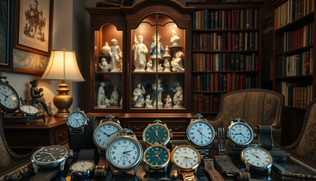 A cozy, well-lit room showcasing Ferdinand Resul Adanir's prized collectibles. In the foreground, a meticulously arranged display of vintage timepieces, each with its own unique character. In the middle ground, an ornate wooden cabinet houses a collection of rare and exquisite porcelain figurines, each one a testament to Adanir's discerning eye. The background features a bookshelf filled with volumes on antiques and art history, hinting at the depth of Adanir's knowledge and passion for his Lieblingsobjekte. Warm, diffused lighting casts a gentle glow, creating an atmosphere of refined elegance and personal connection to the items on display.