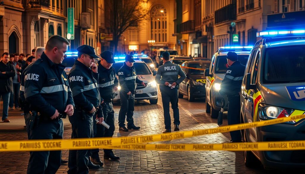 A crime scene investigation unfolds in the bustling city of Halle, Germany. Uniformed police officers meticulously comb the area, collecting evidence and interviewing witnesses. The scene is illuminated by the flashing lights of patrol cars, casting an eerie glow across the cobblestone streets. In the foreground, a group of detectives scrutinize the scene, their faces etched with concentration as they piece together the puzzle. The middle ground reveals police technicians dusting for fingerprints and bagging potential clues. In the background, onlookers gather, their expressions a mix of curiosity and concern. The overall atmosphere is one of tense professionalism, as the law enforcement team works diligently to uncover the truth behind this unfolding investigation.