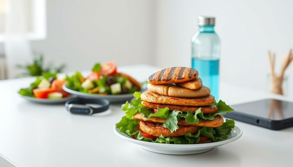 A crisp, well-organized nutrition plan laid out on a clean, minimalist desk. In the foreground, a stack of balanced meals - hearty salads, grilled protein, whole grains - arranged neatly. In the middle ground, a sleek fitness tracker and water bottle, suggesting a holistic approach to wellness. The background is softly blurred, creating a serene, focused atmosphere. The lighting is natural and diffused, highlighting the plan's clarity and simplicity. The overall vibe is streamlined, practical, and optimistic - a guide to fueling a fit, healthy lifestyle.