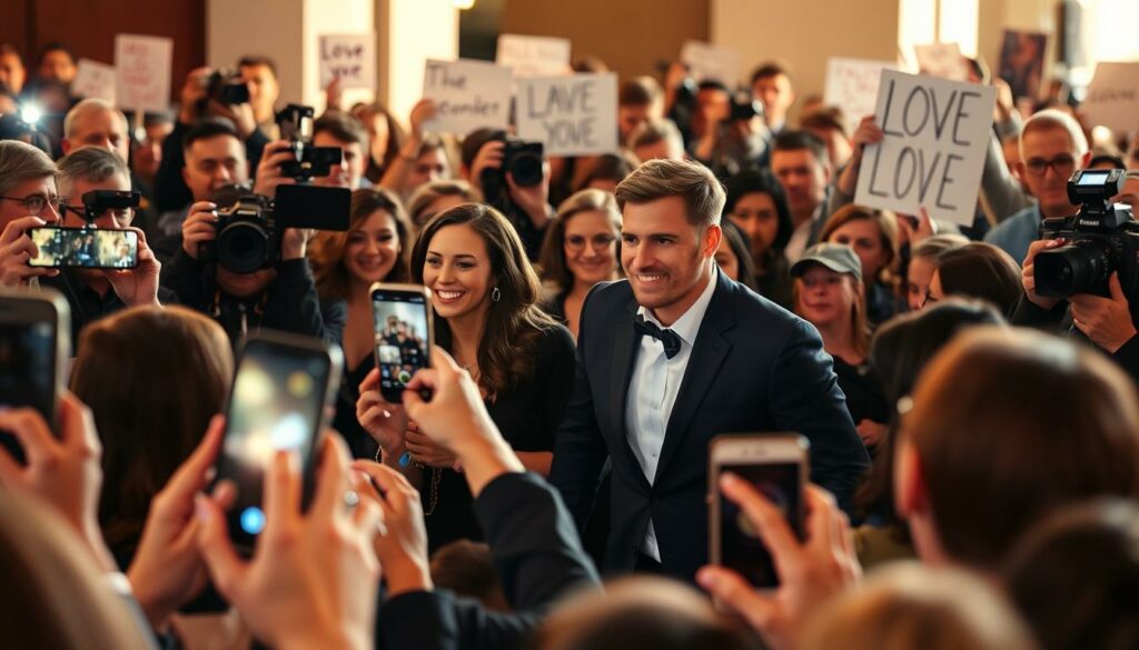 A crowd of adoring fans and paparazzi capturing the electric moment as Grace Zakhour and Armin Rausch make their triumphant return, the air electric with excitement. In the foreground, flashing cameras and outstretched phones document the couple's every move, while in the middle ground, passionate fans cheer and hold up signs professing their love. The background is a blur of activity, with reporters jostling for the best vantage point to cover this highly anticipated reunion. Warm, golden lighting bathes the scene, creating a sense of joy and celebration, as the couple navigates the media frenzy with poise and grace.