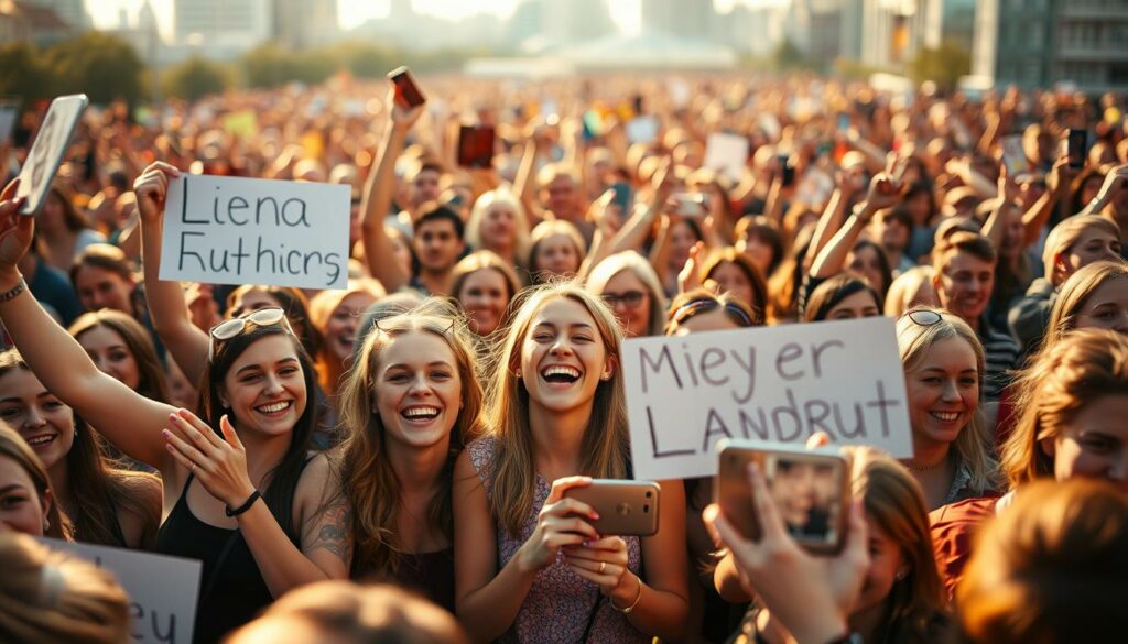 A crowd of enthusiastic Lena Meyer-Landrut fans gathers, their faces alight with excitement and adoration. In the foreground, a group of young women hold handmade signs and banners, cheering and waving as they eagerly await their idol's return. In the middle ground, the crowd swells, a sea of outstretched arms and smartphones capturing every moment, the energy palpable. The background is a blurred cityscape, hinting at the larger context of Lena's stardom and the devotion of her loyal fanbase. Warm, golden lighting casts a gentle glow, conveying a sense of celebration and anticipation. The scene is vibrant, emotional, and reflects the deep connection between Lena and her dedicated followers.